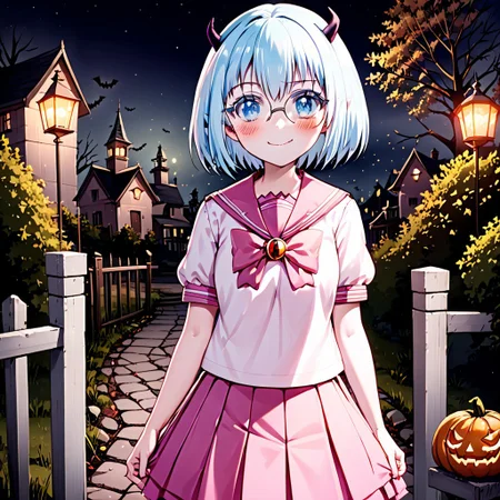 best quality, masterpiece, detailed, Crocell Kerori, smile, closed mouth, light blush, happy, light blue hair, short hair, blue eyes, horns, round eyewear, colored eyelashes, KeroriSchoolUniform, school uniform, serafuku, pink skirt, bow, standing, looking at the viewer, halloween, outdoors, night.