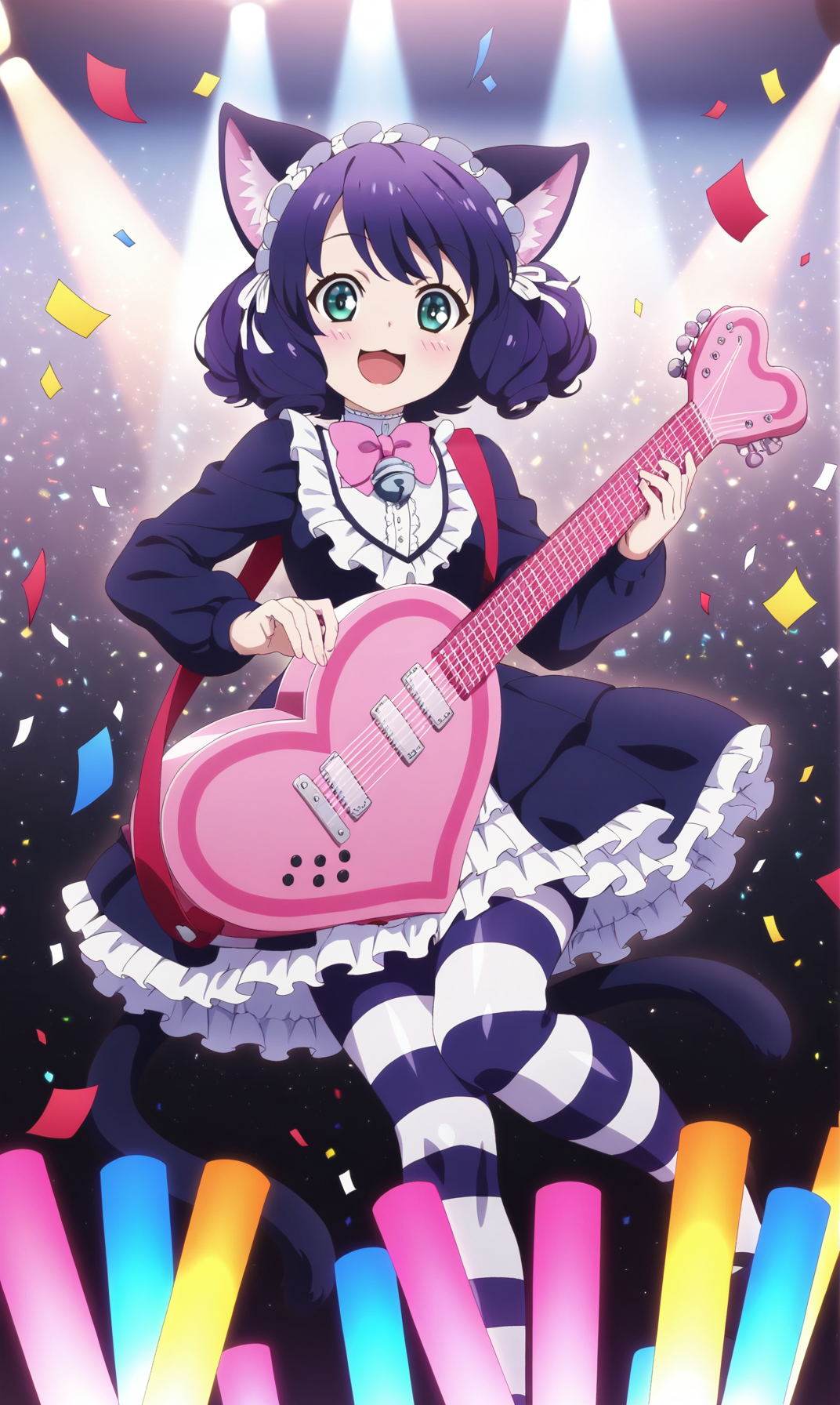 masterpiece, best quality, curvy, beautiful eyes, zzcyanhijirikawa, 1girl, animal ears, cat girl, cat ears, tail, instrument, solo, striped clothes, cat tail, guitar, smile, open mouth, bow, bell, :3, dress, pantyhose, black hair, striped pantyhose, curly hair, bowtie, striped thighhighs, holding, fashion, maid headdress, short hair, frills, jingle bell, long sleeves, green eyes, frilled dress, glowstick, blue eyes, black dress, pink bow, gothic, :d, thighhighs, animal ear fluff, music, purple hair, blush, aqua eyes, looking at viewer, holding instrument, confetti, 