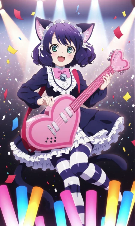 masterpiece, best quality, curvy, beautiful eyes, zzcyanhijirikawa, 1girl, animal ears, cat girl, cat ears, tail, instrument, solo, striped clothes, cat tail, guitar, smile, open mouth, bow, bell, :3, dress, pantyhose, black hair, striped pantyhose, curly hair, bowtie, striped thighhighs, holding, fashion, maid headdress, short hair, frills, jingle bell, long sleeves, green eyes, frilled dress, glowstick, blue eyes, black dress, pink bow, gothic, :d, thighhighs, animal ear fluff, music, purple hair, blush, aqua eyes, looking at viewer, holding instrument, confetti,
