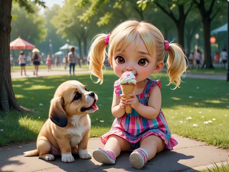 Photorealistic chibi art style,
a puppy licking an icecream cone in the park with a little blonde girl, pigtails, wearing a colorful sundress,
<lora:RMSDXL_Enhance:1>,
<lora:add-detail-xl:0.8>,
<lora:RMSDXL_Darkness_Cinema:1>,