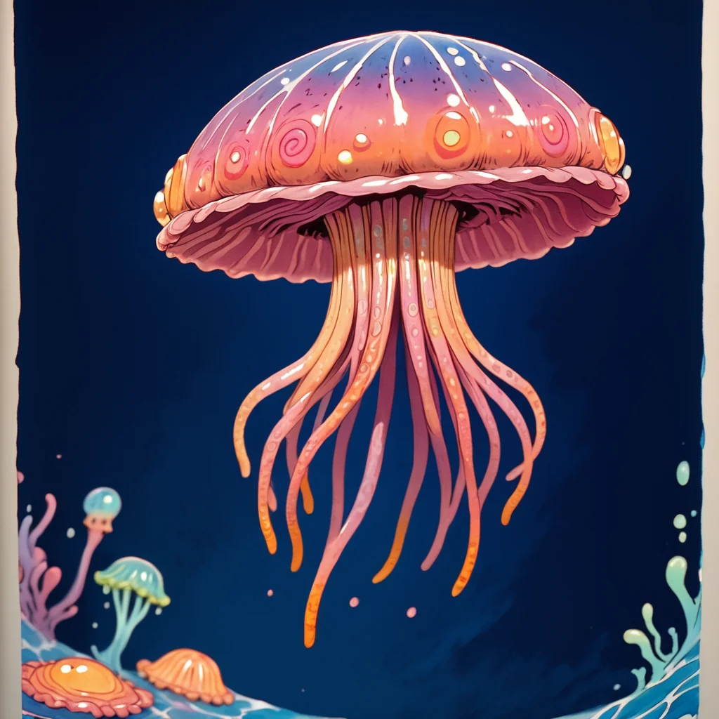 Score_9, score_8_up, score_7_up, score_6_up, BREAK <lora:Pastel_ReveriePony:1> ArsMJStyle, Pastel Reverie, The image shows a painting of a jellyfish swimming in the ocean surrounded by a vibrant array of colors. The jellyfish is depicted in a realistic style with its tentacles and body clearly visible. The colors used in the painting are bright and vivid creating a beautiful and captivating scene., no humans, traditional media, tentacles, jellyfish, blue background, painting (medium), border, solo