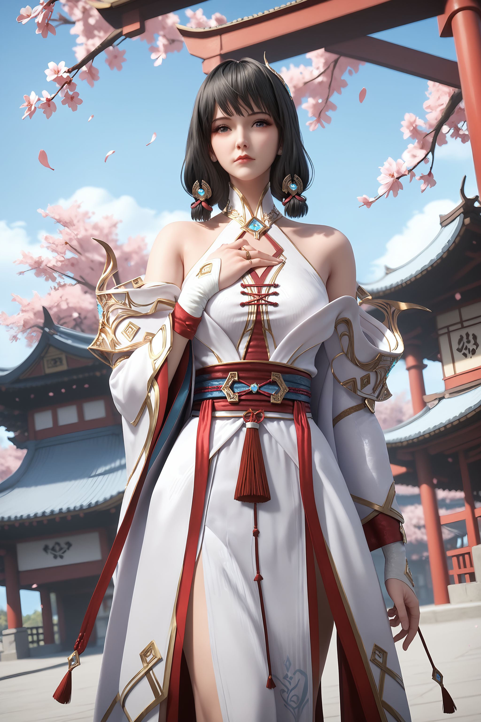 score_9, score_8_up, score_8, source_real,real skin, rating_explicit, mature female, ExpresiveH, best quality, unreal engine,game,cg, very aesthetic, CG, masterpiece, ultra high res, highres, More Details, high rating,Intricate and refined delicate details,  looking at viewer,
<lora:age_slider_v4:4>,
<lora:yunluo:1>, 1girl, solo, black hair, hair ornament, bare shoulders, sash, closed mouth, blue sky, sky, outdoors, east asian architecture,  Cherry blossom, tree, hand on own chest,