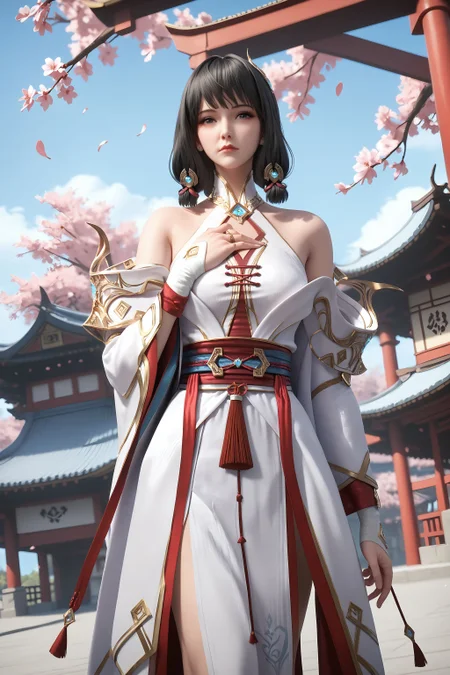 score_9, score_8_up, score_8, source_real,real skin, rating_explicit, mature female, ExpresiveH, best quality, unreal engine,game,cg, very aesthetic, CG, masterpiece, ultra high res, highres, More Details, high rating,Intricate and refined delicate details, looking at viewer,
<lora:age_slider_v4:4>,
<lora:yunluo:1>, 1girl, solo, black hair, hair ornament, bare shoulders, sash, closed mouth, blue sky, sky, outdoors, east asian architecture, Cherry blossom, tree, hand on own chest,