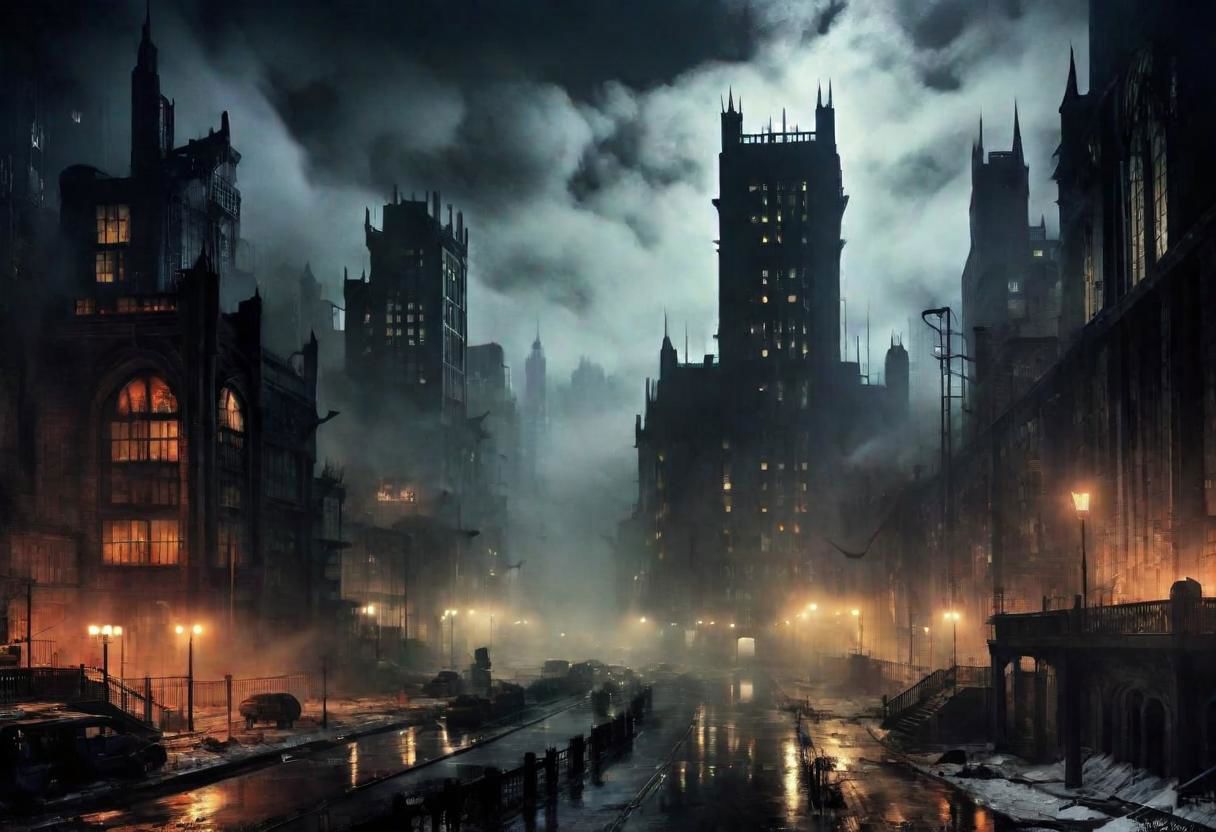 EdobHorrorLandscape,
A landscape of Gotham city at night,
hopeless, nightmare,
fog,
winter,
crimes, muders, gangs,