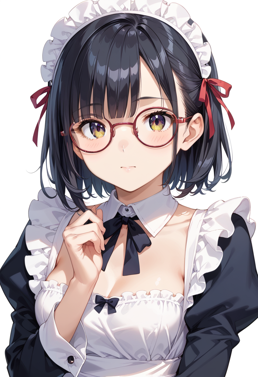 score_9, score_8_up, score_7_up, rating_safe, masterpiece, best quality, absurdres, unity 8k wallpaper, official art, official style, source_anime, uncensored, game cg, megami magazine,
1girl, solo, black hair, medium hair, upper body, covered eyes,maid, maid headdress, black dress, maid apron, face focus,
round_glasses22A, glasses, still life, white background, simple background, red-framed eyewear
 <lora:glasses_Round_PONY_V1:1>