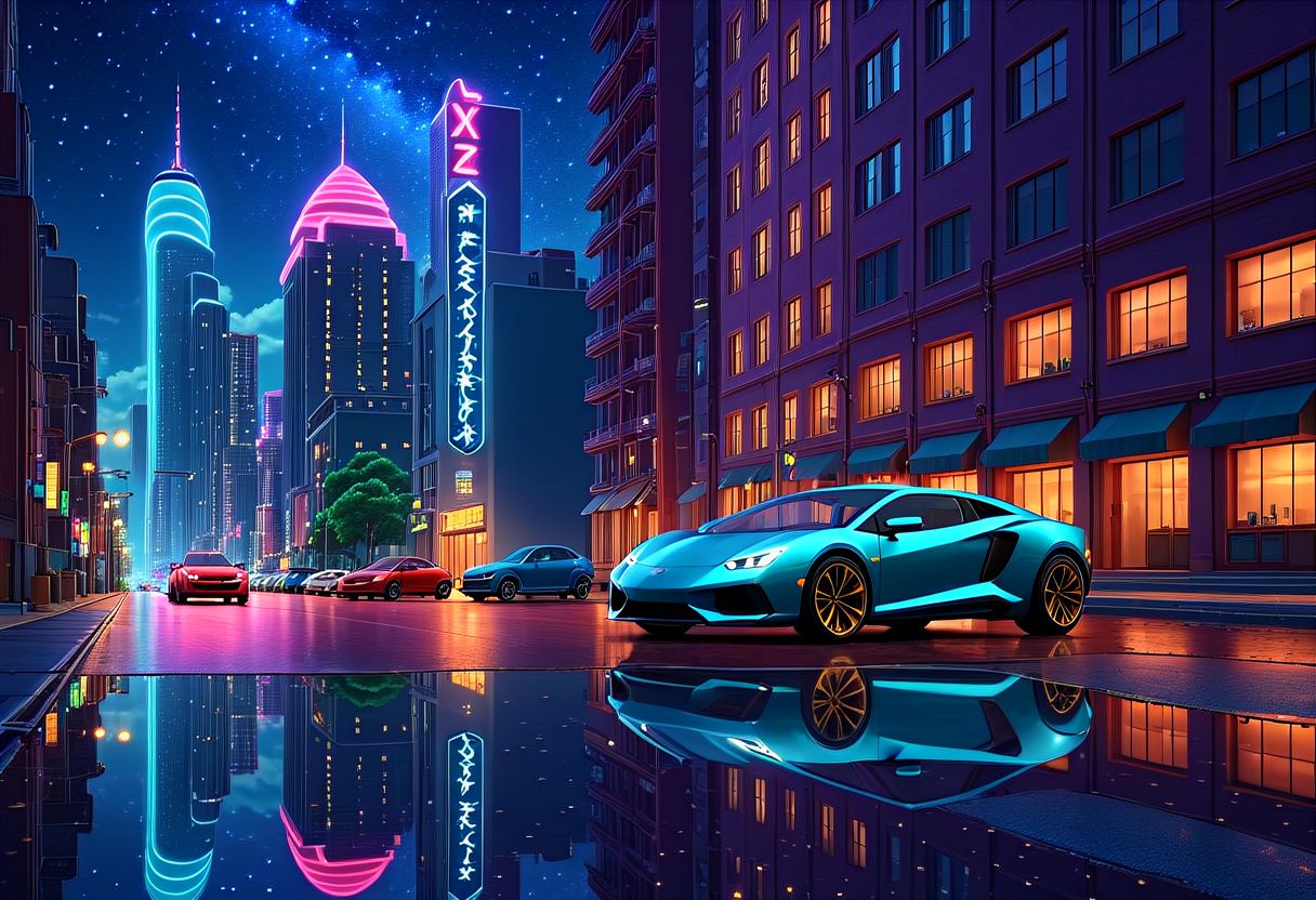 nxzskzt, no humans, scenery, sky, star (sky), city, night, cityscape, building, starry sky, outdoors, night sky, ground vehicle, skyscraper, city lights, car, motor vehicle, reflection, road, neon, 3d, isometric view, octane render, neon lighting, isometric miniature, 3d scene, cinematic lighting, masterpiece, best quality