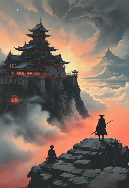 score_9, panorama landscape, architecture, ships, wharf, sea, sunset, dracula japan village, Japan, enchanted fortress and fortified castle, above the clouds, mystical atmosphere, detailed stone and wood walls, europinian man, 50 years old, devil, blood, bloody mist swirls around, weibo, drawing, formal, black hair, devil horns, double halo, hunter eyes, holding finger to lips, shush, intimidating retro 90's, red, black, science fiction, a dark sky lit by the glow of distant moons and neon lights. rockpunk, yoji shinkawa, James Jean, Ayami Kojima, village<lora:EnvyPanoramaXL01:2.0>