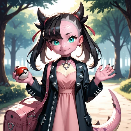 score_9, score_8_up, score_7_up, score_6_up, score_5_up, outside, forest, sunlight through trees, holding pokeball), smug, shy,
((Dragonling, scalie)), solo, Marnie_(Pokemon), cute face, (snout), (( dragon)), anthro, (pink skin, pink tail), aqua eyes, asymmetrical bangs, asymmetrical hair, black hair, hair ribbon, long hair, red ribbon, ribbon, twintails, petite, backpack, bag, black choker, black jacket, choker, dress, earrings, jacket, jewelry, long sleeves, open clothes, pink bag, pink dress, dark pink scales, detailed scales, thick tail, standing, medium natural breasts, horns, scalie arms, dragon hands, vertical pupils, dragon eyes, big eyes, detailed hands, ((five) fingers), posing