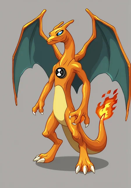 score_9, score_8_up, score_7_up, screencap,   <lora:ben10-08:1> ben10, solo, no humans, full body, bodysuit, badge,detailed background,  <lora:CharizardF:1> 1girl, blue eyes, pokemon creature, wings, tail, flame-tipped tail, furry female, furry, colored skin, orange skin, shiny skin, claws, fire, anthro,