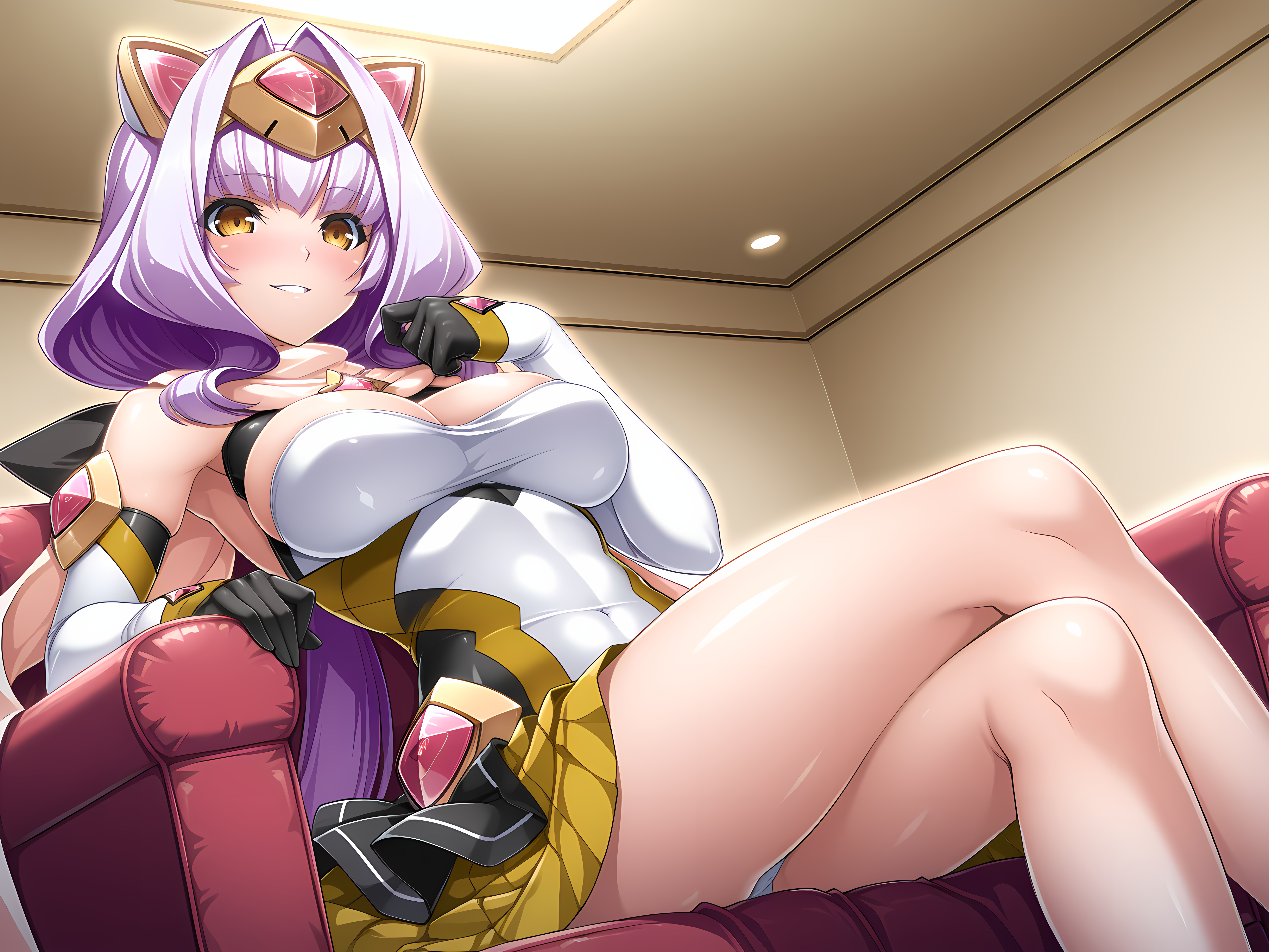<lora:Azarin_Illustrious:0.8>,magica,1girl,solo,lusterise,large breasts,blush,bare legs,indoors,grin,crossed legs,, masterpiece,best quality,amazing quality,