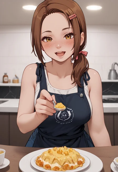 score_4,score_5,score_6,score_7_up,score_8_up,score_9 ((masterpiece,best quality,ultra detailed,highres,HD,4k:1.2)),
1 femboy, solo,solo focus,femoby focus,face focus,
large breasts,brown hair,long hair,hair ornament,hair ribbon,hairclip,curvy,wide hips,freckles,
Apron, sleeveless, exposed arms, exposed shoulders,, frilly aprons,
upper body,
pov,feeding,looking at viewer,feeding, food,incoming food,holding spoon,
looking at viewer,blush,open mouth,