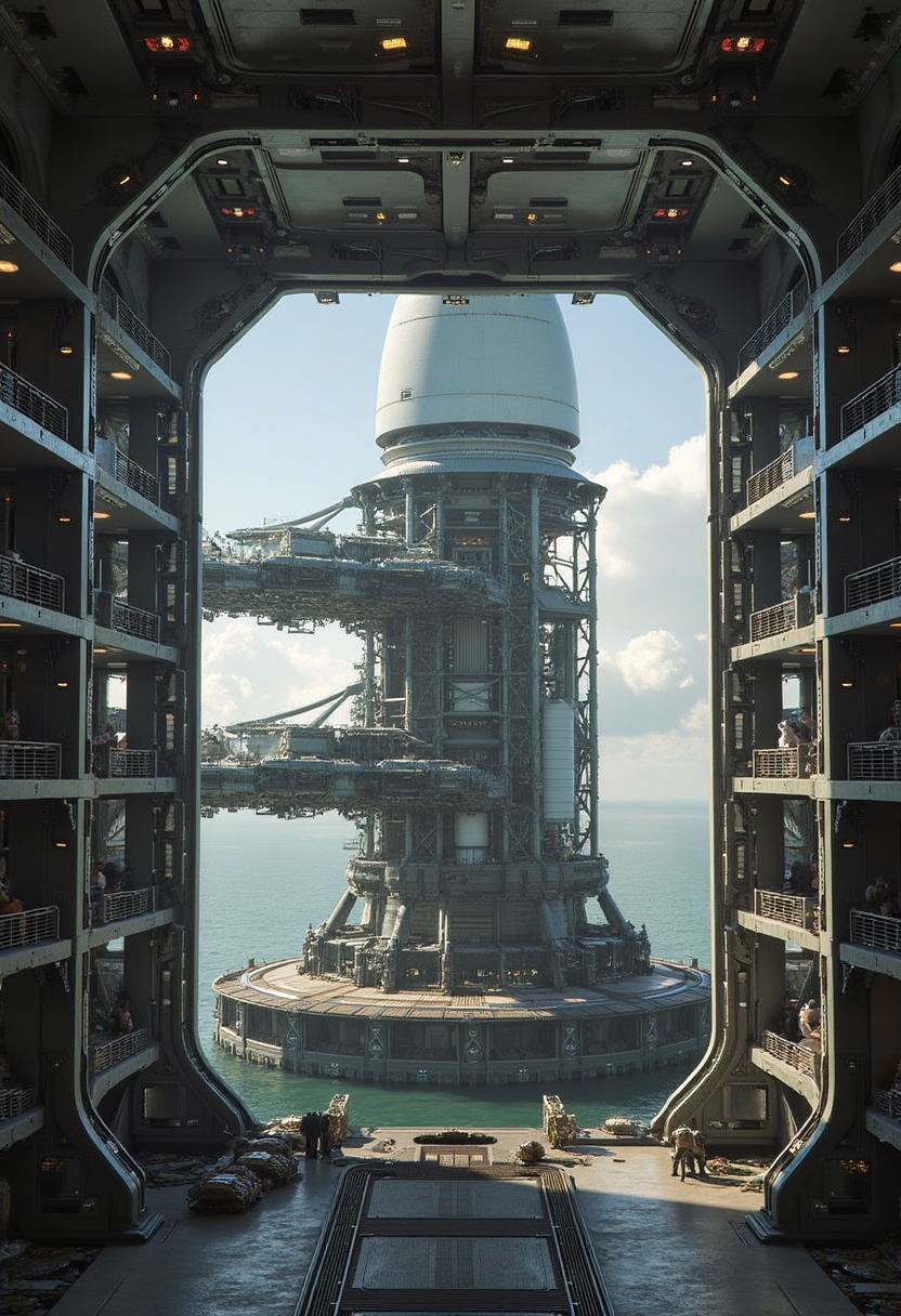 yfg-l3ms, YFG-L3ms wide cargo bay windows showing multiple launch gantries, rocket engines lined up for final inspection