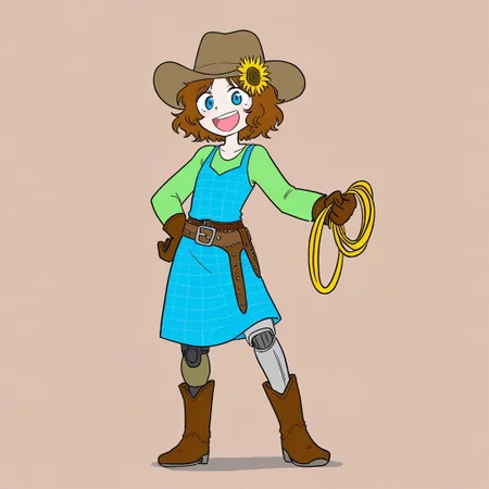 Sentaku-bune, BREAK, 1girl, solo, (short, flat chest, small body, freckles, dark brown hair, short hair, wavy hair, blue eyes, cowboy hat, (sunflower in hair), green blouse, long sleeves, blue summer dress, leather belt, brown cowboy boots,, leather gloves, holding lasso (amputee, prosthetic leg, below knee prosthesis)), standing, full body, one hand on hip, laughing, simple background