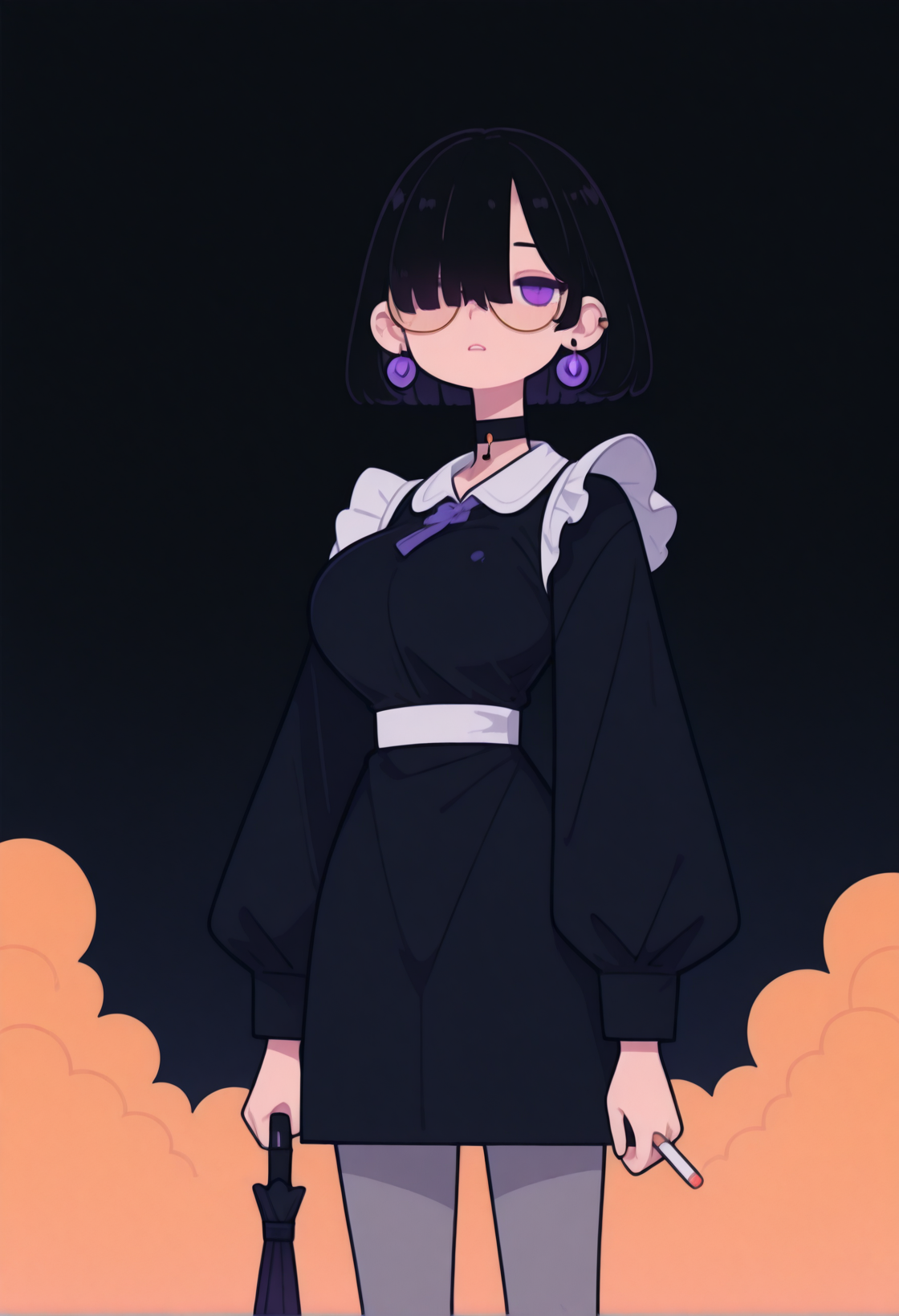 masterpiece, best quality, good quality, very aesthetic, absurdres, newest, 8K, from side  BREAK 
dark night scene,
side portrait of stunning girl standing, bangs, black hair, bobcut hair, 
purple eyes, choker, hair over one eye, 
(rimless big round glasses), large breasts, earrings, ear pierces, 
ultra detailed decorative victorian gossamer clothes, very short tight black maid dress, maid apron, multi colored hair, grey tights, 
simple pastel gradient turquoise  background with extremely thick white border,
holding translucent vinyl umbrella with the far hand, 
only illuminated by cigarette glow, 
BREAK 
half closed eyes, unfocused eyes, slightly parted lips, distant gaze, emotionless look, looking front,
cigarette, smoking, holding, holding cigarette with near hand,
ultra-realistic, Flatline, Flat vector illustration, haiz_ai, no lineart, no outline, storming ,
heavy-rain, modern fence in background, clouds, very smoky,
<lora:haiz_ai_illu:0.8> <lora:flatline:1.65> <lora:ponyv6_noobE11_2_adamW:0.25>  <lora:cigarette2XLP:0.75>  <lora:Rain (Illustrious) v1:1>
