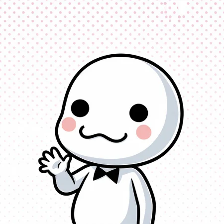ch0rus_RH, 1boy, solo, no nose, white skin, solid circle eyes, black eyes, :3, smile, masterpiece, absurdres, amazing quality, ultra-detailed, best quality, miniperson, short, no humans, chibi, black bowtie, nude, upper body, blush stickers, hand up, waving, perfect hand, 5 fingers, slightly chubby,
BREAK
simple background, polka-dot background, rainbow colors, detailed shading,