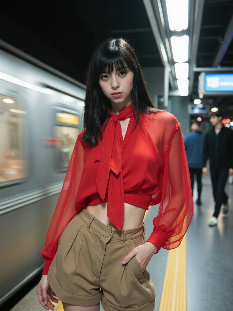 There are wonderful studio lights and various reflections,
18yo beautiful cute girl with blushing and female orgasm.skin naturally showing the texture of blood vessels and detailed pale skin,
--,
<lora:Nakajo_Ayami_f1:1>,she is Nakajo Ayami, A fashion editorial set in a subway station featuring an elegant Asian model. The model has sleek, straight black hair and is dressed in a high-fashion outfit, consisting of a sheer, flowing red blouse tied with an oversized bow, paired with tailored, high-waisted beige shorts. She stands confidently in the foreground as a train rushes by in a blur of motion, creating a dynamic backdrop. The setting is urban, with moody, cinematic lighting that enhances the modern, sophisticated vibe. The modelâs pose is bold and captivating, perfectly blending grace and strength as she gazes intensely towards the camera. The overall composition merges high fashion with an urban, fast-paced environment, creating a striking, visually engaging scene.,
