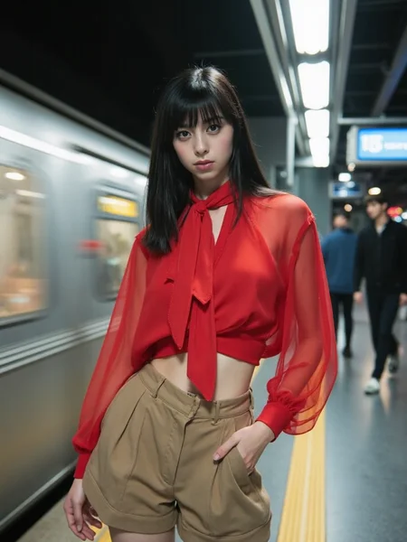 There are wonderful studio lights and various reflections,
18yo beautiful cute girl with blushing and female orgasm.skin naturally showing the texture of blood vessels and detailed pale skin,
--,
<lora:Nakajo_Ayami_f1:1>,she is Nakajo Ayami, A fashion editorial set in a subway station featuring an elegant Asian model. The model has sleek, straight black hair and is dressed in a high-fashion outfit, consisting of a sheer, flowing red blouse tied with an oversized bow, paired with tailored, high-waisted beige shorts. She stands confidently in the foreground as a train rushes by in a blur of motion, creating a dynamic backdrop. The setting is urban, with moody, cinematic lighting that enhances the modern, sophisticated vibe. The modelâs pose is bold and captivating, perfectly blending grace and strength as she gazes intensely towards the camera. The overall composition merges high fashion with an urban, fast-paced environment, creating a striking, visually engaging scene.,
