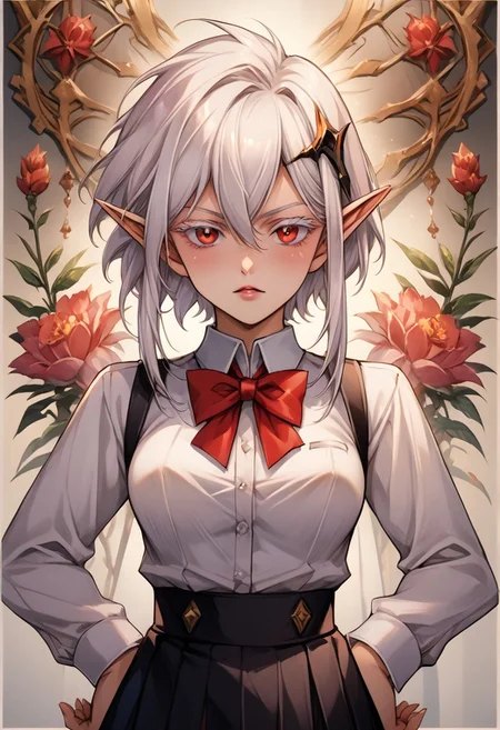 score_9, score_8_up, score_7_up, score_6_up, score_5_up, score_4_up, detailed, intricate details, source_anime, (1_girl, solo focus), zerida-dark, 1girl, solo, short hair, sidelocks, breasts, parted lips, bangs, large breasts, hair ornament, red eyes, , White Eyelashes, , hair between eyes, , White Hair, , pointy ears, elf, Eyelashes, Colored Eyelashes, White colored eyelashes, Colored Eyebrows, short hair with long locks shiny skin, school uniform, red bowtie, white shirt, black skirt, hands on hips, frown, blush, looking at viewer,<lora:add-detail-xl:1.0> ,(((feminine bodies))),(((perfect anatomy))), (((correct arms))), (((correct hands))), detailed eyes、detailed face and detailed skin <lora:add-detail-xl:1.0>