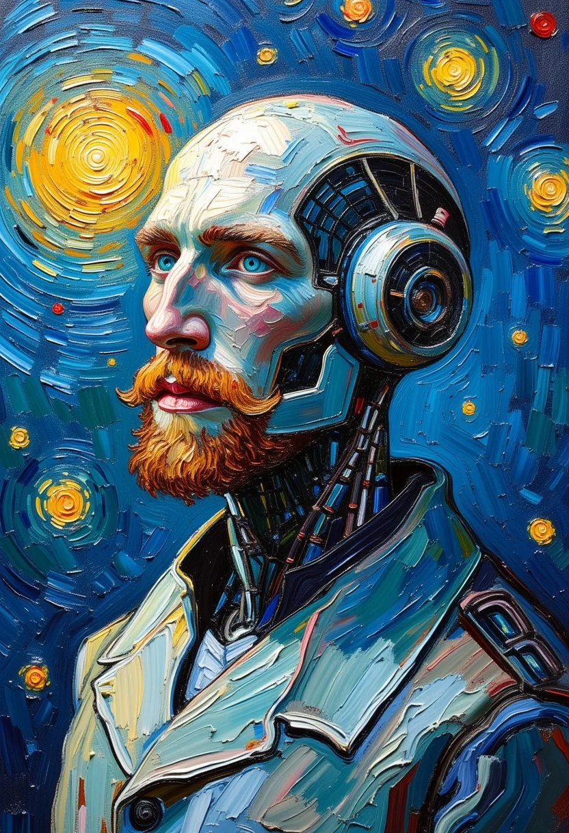 portrait of cyber robot in space flying,in style of Vincent van Gogh ,oil painting