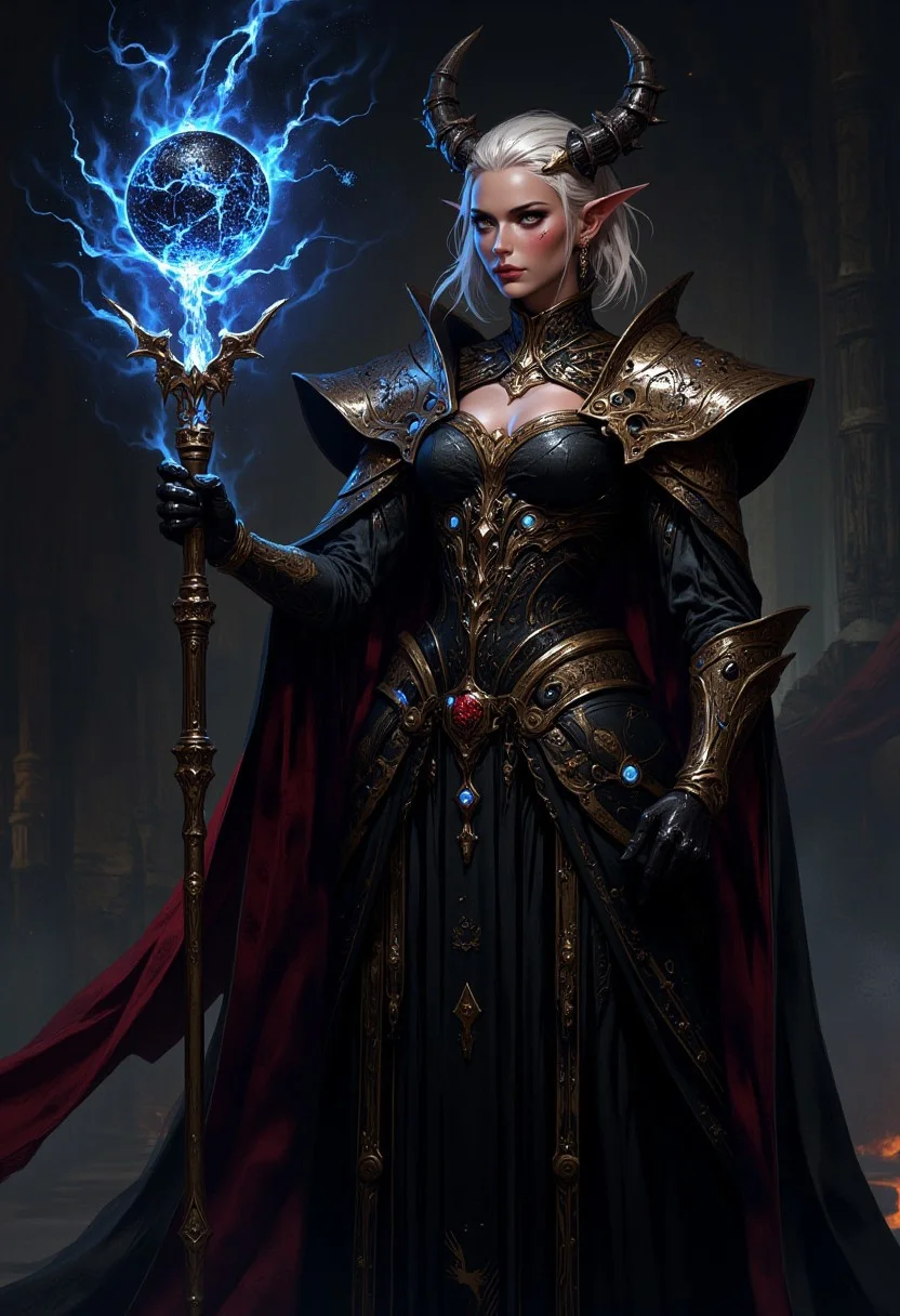 Create a female character who is the fusion of the Devil and God. She is a mature woman with a commanding and powerful presence, exuding authority and mystery. Her appearance combines classical and technological elements: she wears a high-couture gown inspired by Reaissance attire, with gothic details like embroidery and arcane symbols, along with advanced tech accessories, such as gleaming metallic shoulder pads with embedded circuits and digital gloves. Her expression is serene yet relentless, with eyes that seem to contain an entire universe. She holds a scepter blending medieval design with modern technology, where blue lights glow in complex patterns. An ethereal aura of fire and electricity pulses around her, symbolizing her mystical and technological essence. The primary color scheme is deep black with touches of gold and silver, embodying the harmony between good and evil she represents.