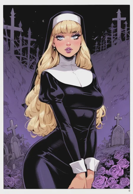 score_9, score_8, score_7, score_6, rating_explicit,
Source_anime,
Color theory, ambient lighting 
 hentai manga, gothic graveyard, purple colours, 1women, nun, cute face, blonde hair, thick lips, open lips, deep cleavage, lace, posing for a photo, gothic landscape