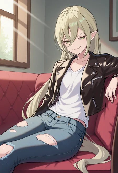 masterpiece, best quality, 1girl, solo, M4gil0u, green eyes, pointy ears, blonde hair, very long hair, hair between eyes, leather jacket, open jacket, white shirt, jeans, torn jeans, sitting, lounging, indoors, on couch, living room, window, sunbeam, smug, <lora:ChamMagilouIllustriousXL:1>
