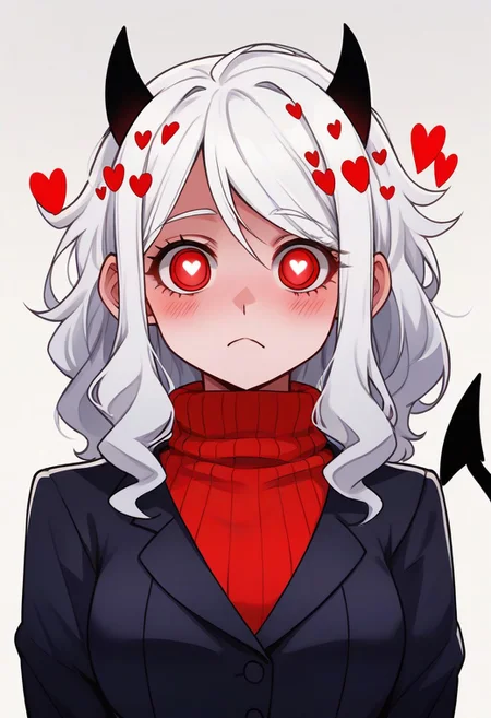 <lora:flattening-ponyxl-v1:1.3>, ,, Modeus_(Helltaker),horns, heart, demon girl, demon horns, heart-shaped pupils, symbol-shaped pupils, black horns, medium hair,demon tail, sweater, red sweater, tail, ribbed sweater, long sleeves, turtleneck, black jacket, formal, suit,, Anime eyes, anime face,<lora:add-detail-xl:0.7> <lora:xl_more_art-full_v1:0.1>