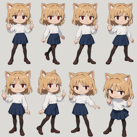 score_9, score_8_up, score_7_up BREAK vibingdance, animation sheet, dancing, simple background, white background, necoarc, slit pupils, cat ears, blonde hair, red eyes, chibi, :3, middle finger, turtleneck, white shirt, blue skirt, pleated skirt, pantyhose, brown footwear <lora:necoarc-guy-PONYv1_1:1> <lora:VibingDance (frieren vibing) LoRA PDXL Anzhc:0.7>