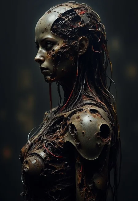 DarkAtmosCE style,
wired-cyborg Made intricate mechanical parts and wires | decaying flesh reconstructing in cyborg form | high-contrast palette, highly detailed, cinematic quality, modern art, timeless feeling || 
[
Rotting flesh in slow decay,
Flies and maggots find their way,
Balance of life in disarray,
Once a vessel of life,
Now holds the fading night,
Shattered dreams in endless flight,
Colors gone from dark to light,
Maggots swarm in sad parade,
Round the flesh where light has strayed,
Echoes of what once was made,
In the vessel where life decayed,
]