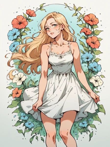 <lora:sk3tchw4t3rXLP2:0.9> sk3tchw4t3r, 1girl, long hair, sundress, flowers, score_9. score_8_up, score_7_up, score_6_up, score_5_up, score_4_up,