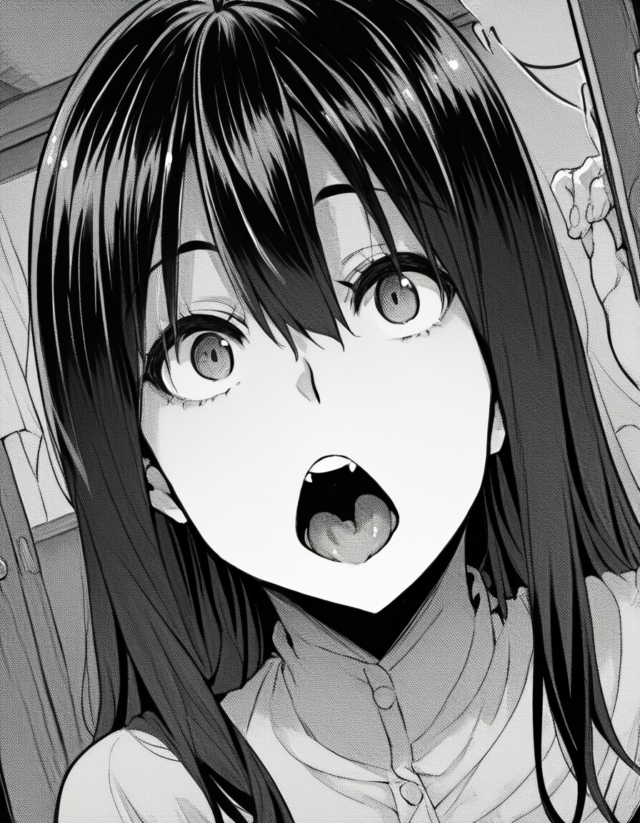 score_9, score_8_up, score_7_up, source_anime, sakiyoshida, <lora:saki-yoshida-manga-ponyxl-lora-nochekaiser:1>, saki yoshida, long hair, hair between eyes, monochrome, greyscale, black hair,, <lora:ghost-pose-ponyxl-lora-nochekaiser:1>, ghost pose, ghost, purple tongue, open mouth, looking up,, indoors,, cowboy shot, dutch angle, looking at viewer,