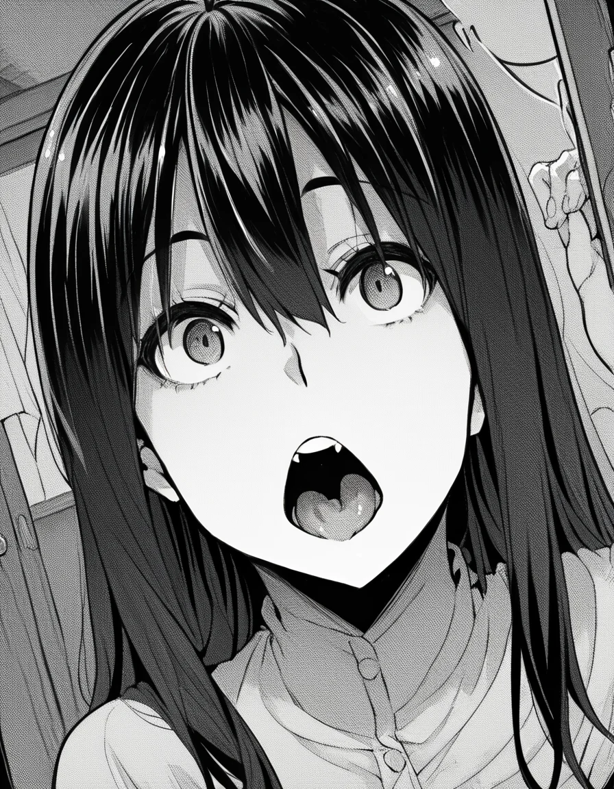 score_9, score_8_up, score_7_up, source_anime, sakiyoshida, <lora:saki-yoshida-manga-ponyxl-lora-nochekaiser:1>, saki yoshida, long hair, hair between eyes, monochrome, greyscale, black hair,, <lora:ghost-pose-ponyxl-lora-nochekaiser:1>, ghost pose, ghost, purple tongue, open mouth, looking up,, indoors,, cowboy shot, dutch angle, looking at viewer,