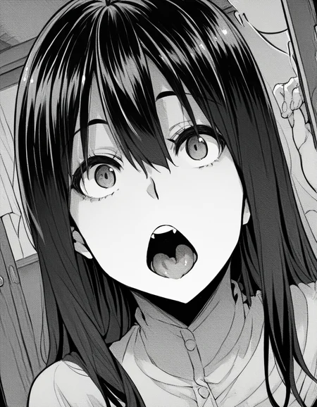 score_9, score_8_up, score_7_up, source_anime, sakiyoshida, <lora:saki-yoshida-manga-ponyxl-lora-nochekaiser:1>, saki yoshida, long hair, hair between eyes, monochrome, greyscale, black hair,, <lora:ghost-pose-ponyxl-lora-nochekaiser:1>, ghost pose, ghost, purple tongue, open mouth, looking up,, indoors,, cowboy shot, dutch angle, looking at viewer,