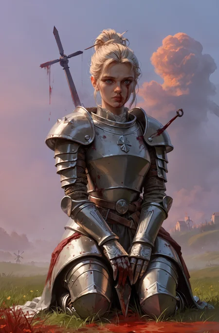 score_9_up, score_8_up, score_7_up, best quality, masterpiece, sharp, original, newest,
1woman, Kneeling with Hands Resting on Thighs, field, a sword next to the woman, fog, dusk, village, fire, front view,
BREAK
hills, (a windmill:1.2)
BREAK
1 woman, scalemail armor, (blood on armor:1.5), platinum blonde, hair tied back, sad,
<lora:incase---1:0.4> <lora:invincible_v2:0.7> invncbl, artbook illustration <lora:Aleriav:1> Aleriav