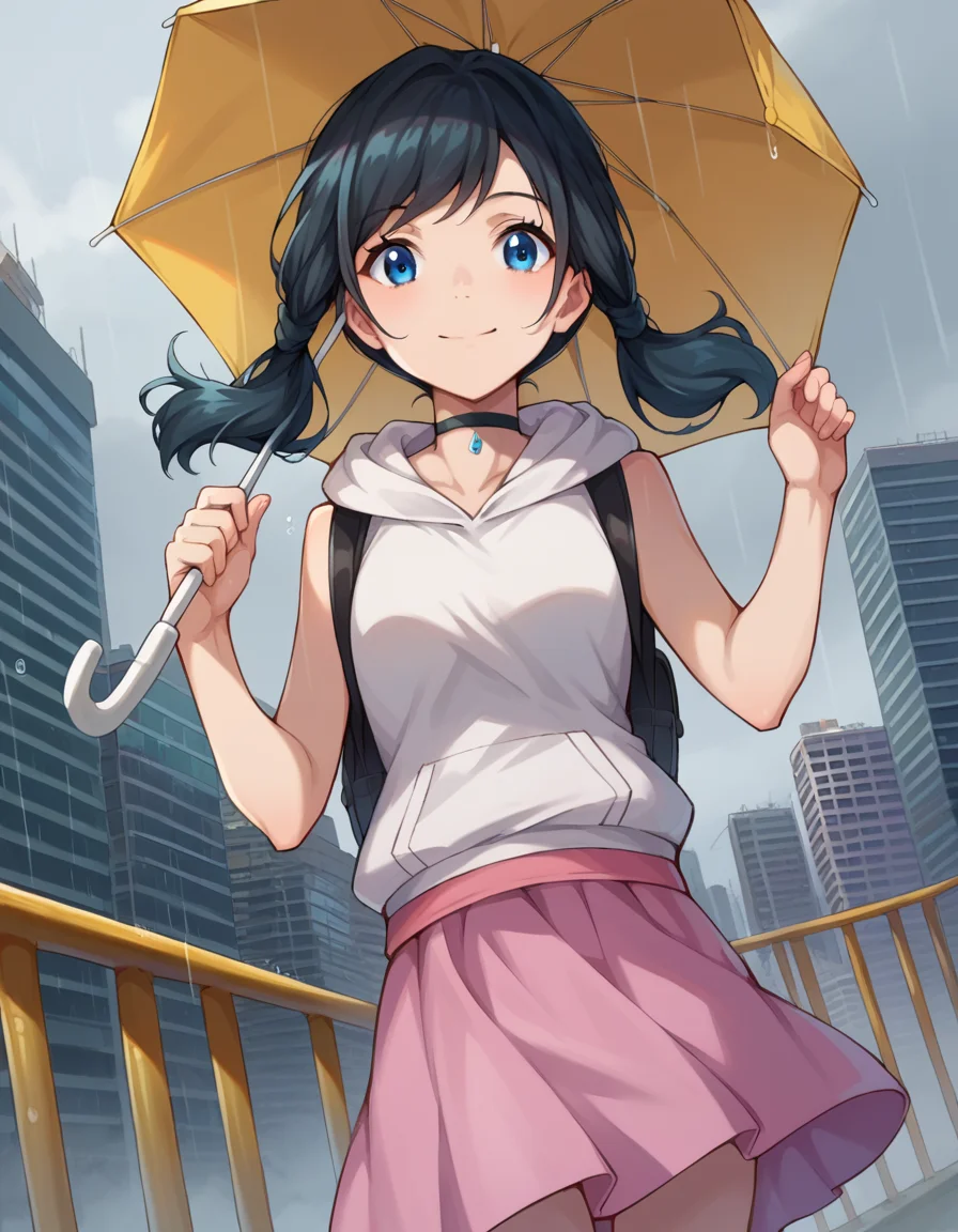 score_9, score_8_up, score_7_up, source_anime,
hinaamano, <lora:hina-amano-ponyxl-lora-nochekaiser:1>,
hina amano, black hair, twintails, blue eyes, smile,
skirt, jacket, sleeveless, choker, hood, bag, hoodie, white jacket, backpack, hood down, hooded jacket, pink skirt, sleeveless jacket, sleeveless hoodie,
outdoors, cityscape, raining, umbrella, holding umbrella,
looking at viewer, dutch angle, cowboy shot,