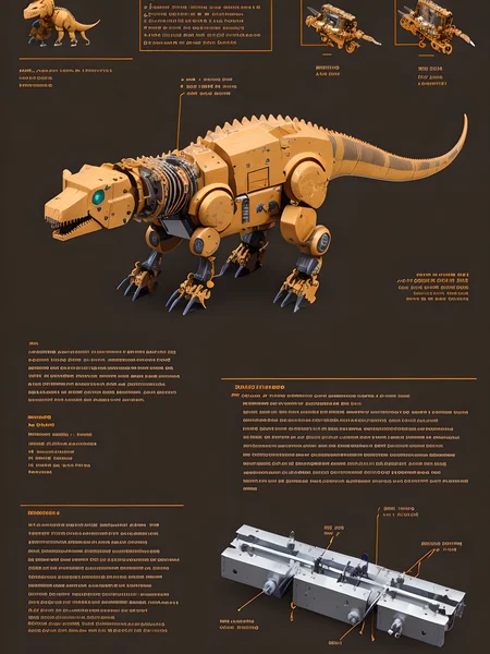 schematics for a robot dinosaur, highly detailed technical drawings, pistons, gears, rails, motors, servos, actuators, 8k uhd