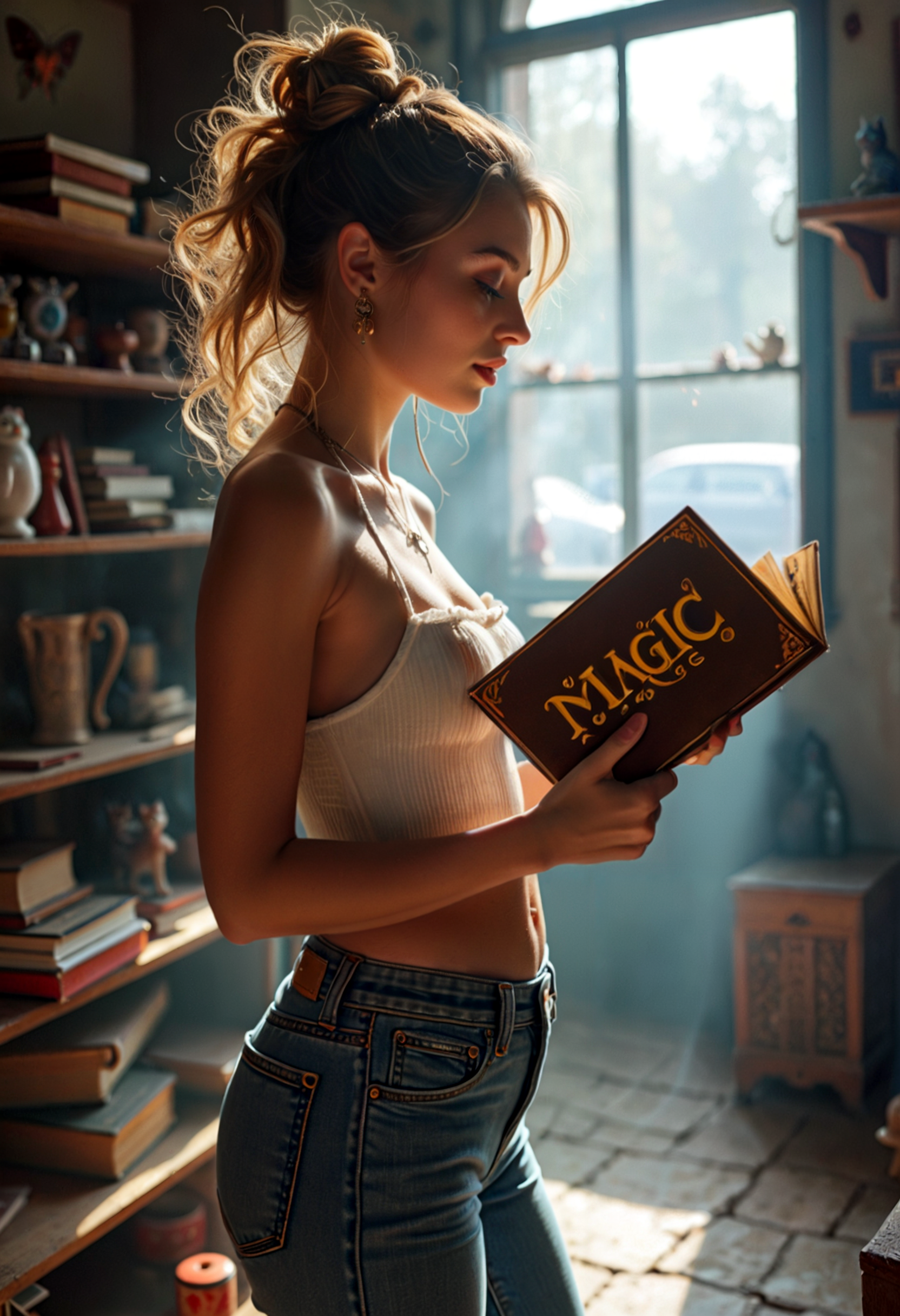 Hyperrealistic art a woman in a library holding a book and looking at it with a butterfly flying above her head and a book in her hand, Anka Zhuravleva, beautifully lit, a storybook illustration, romanticism. Cinematic photography, movie mood, cinematic light, compelling composition, storytelling elements, conveys emotion, mood, and narrative depth, creating visually striking images that feel like still frames from a film. <lora:add-detail-xl:.5> <lora:Flux-style-xl-lora:.5>