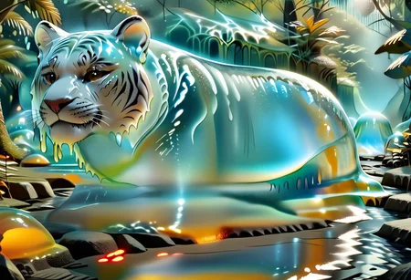 animal_guardian, tiger, a white tiger with black stripes, Tiger made out of slime, slime tiger in a jungle, jungle made out of slime,
natural light, no bright spots,
((translucent slime)), ((transparent slime)), made of water, (bioluminescent slime), sl1m3, slime, slime-morph, ais-blmn, saturated colors, no creatures, no humans, no monsters, no pokemon, scenery only, scenery, ral-lava, watce