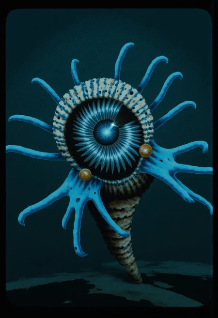 b3rs3rk first person d4concept pov, 3D01S, simple background d4artstyle atmospheric and powerful MikeFranchinastyle dark fantasy, natural organic and first person pov of a berserk style creature A Tsutomu Nihei style
deep-sea eel creature with biomechanical aesthetic, translucent ghostly-blue flesh revealing internal structures. Enormous circular maw filled with concentric rings of crystalline teeth, multiple rows deep. Massive lidless eyes with bioluminescent glow, surrounded by broad fin-like sensory organs resembling gothic architecture. Serpentine body with segmented bone-like plating and ethereal membrane fins undulating along length. Vestigial arms ending in sharp bio-mechanical pincers, legs with six webbed claws emerging from scaled hide. Skin texture transitions between translucent blue membrane and armored plates with muddy brown base and intricate patterns of black and tan speckles.
UHD letterboxed game trailer frame chromatic aberration dark atmosphere sharp masterpiece with a focus on the character, elden ring style, dark atmosphere, chromatic aberration