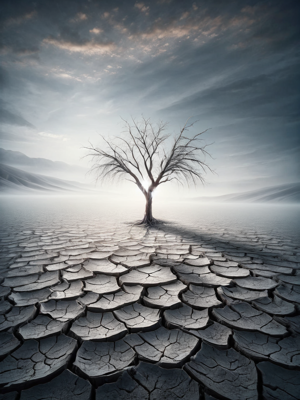 A lone tree standing in the middle of a ais-prchd plain, a testament to survival in harsh conditions <lora:ais-prchd-sdxl:1>