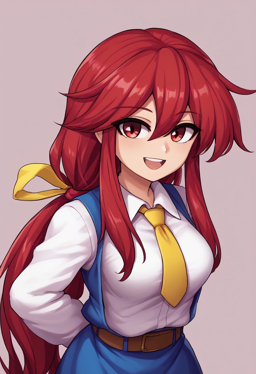 score_9, score_7_up, source_anime, source_cartoon, source_explicit, BREAK, 2d, colorful, aesthetic, illustration, speedyDORA, kotohime (touhou), long hair, red hair, red eyebrows, hair between eyes, bangs, sidelocks, low-tied long hair, tied hair, low ponytail, hair ribbon, yellow ribbon, red eyes, breasts, white shirt, collared shirt, long sleeves, yellow necktie, blue vest, brown belt, blue skirt, hands behind back, open mouth, smile, teeth, simple background, looking at viewer, facing viewer, standing in front of viewer, standing