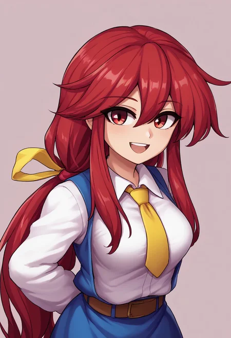 score_9, score_7_up, source_anime, source_cartoon, source_explicit, BREAK, 2d, colorful, aesthetic, illustration, speedyDORA, kotohime (touhou), long hair, red hair, red eyebrows, hair between eyes, bangs, sidelocks, low-tied long hair, tied hair, low ponytail, hair ribbon, yellow ribbon, red eyes, breasts, white shirt, collared shirt, long sleeves, yellow necktie, blue vest, brown belt, blue skirt, hands behind back, open mouth, smile, teeth, simple background, looking at viewer, facing viewer, standing in front of viewer, standing