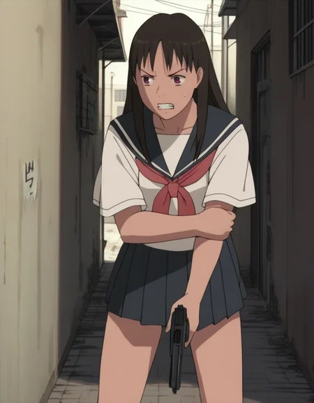 score_9, score_8_up, score_7_up, source_anime, <lora:izumi-maho-koyuki-ponyxl:1> ishiguroizumi, serafuku,
1girl, solo, handgun, intense, glaring, clenched teeth, sweat, alley, trigger discipline
