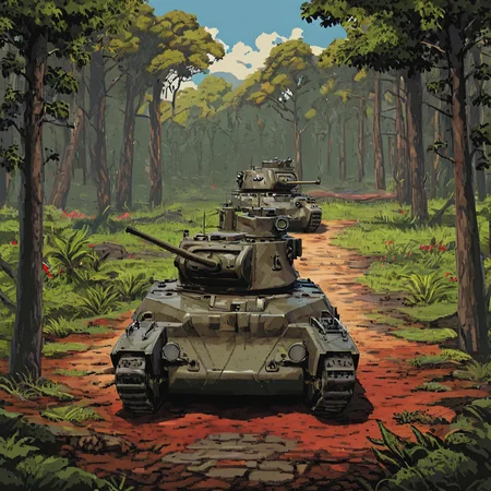 A squadron of mtldtnk tanks on the island of Java, engaged in a desperate defense against Japanese forces. Tropical foliage and palm trees provide camouflage, illustrating the tank's participation in the Pacific theater and its adaptation to jungle warfare ((pulp_comic, heavy_lines, hand_drawn, hand_inked, hand_colored, perfect_face, apxlz))