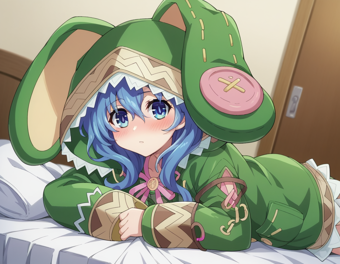 score_9, score_8_up, score_7_up, source_anime,
dalyoshino, <lora:dal-yoshino-s2-ponyxl-lora-nochekaiser:1>,
yoshino astral dress, long hair, blue eyes, ribbon, animal ears, hair between eyes, blue hair, hood, rabbit ears, coat, hood up, animal hood, rabbit hood, green coat,
indoors, bed, bed room, on side, blush, drunk,
looking at viewer, cowboy shot, dutch angle,