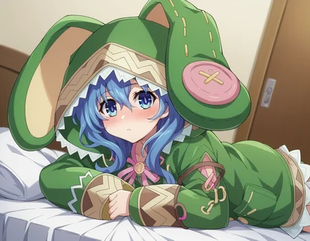 score_9, score_8_up, score_7_up, source_anime,
dalyoshino, <lora:dal-yoshino-s2-ponyxl-lora-nochekaiser:1>,
yoshino astral dress, long hair, blue eyes, ribbon, animal ears, hair between eyes, blue hair, hood, rabbit ears, coat, hood up, animal hood, rabbit hood, green coat,
indoors, bed, bed room, on side, blush, drunk,
looking at viewer, cowboy shot, dutch angle,
