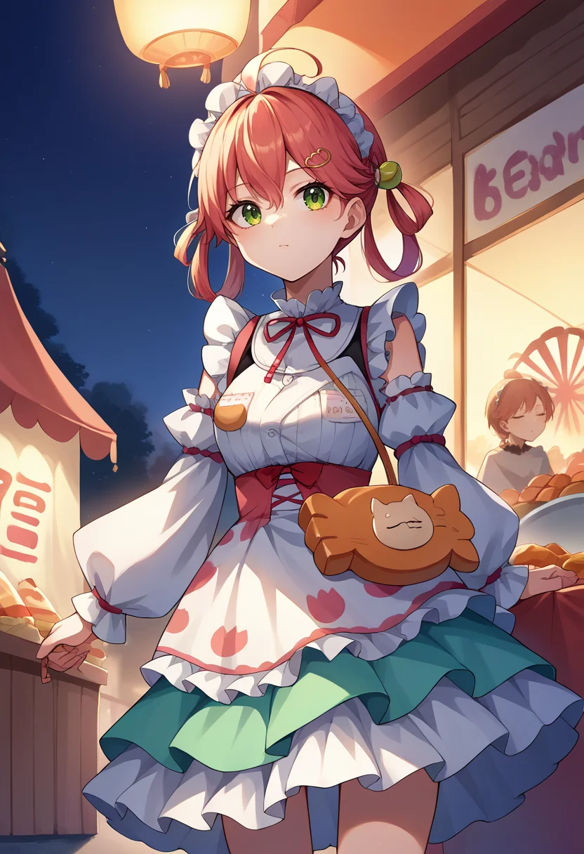 score_9, score_8_up, source_anime, 1girl, solo, MikoNewYears, ahoge, twintails hair rings, maid headdress, frilled dress, detached sleeves, taiyaki-shaped handbag, outdoors, night, festival, food stall, <lora:CHAR-SakuraMikoPonyXL:1>