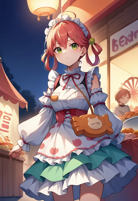 score_9, score_8_up, source_anime, 1girl, solo, MikoNewYears, ahoge, twintails hair rings, maid headdress, frilled dress, detached sleeves, taiyaki-shaped handbag, outdoors, night, festival, food stall, <lora:CHAR-SakuraMikoPonyXL:1>