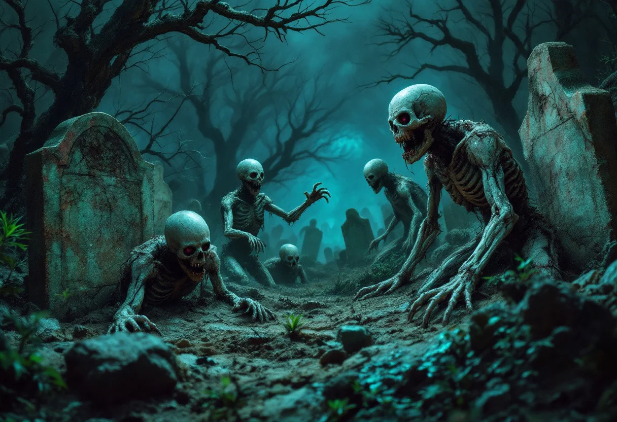 In a forgotten, overgrown graveyard, undead creatures rise from their graves in chilling detail. The scene is captured in photorealistic clarity, showing rotten corpses clawing their way out of the ground, with decomposed hands and visible bones breaking through the cracked, dirt-covered surface. Some of the undead have fully emerged, their torsos exposed with decayed, torn skin and lifeless, hollow eyes. Others stumble awkwardly through the graveyard, their bodies twisted and fractured. The ancient gravestones are weathered and crumbling, with gnarled, dead trees casting long shadows. The lighting is dark yet vibrant, with eerie greenish and purplish glows faintly illuminating parts of the undead, while an ominous void-like darkness looms in the background, creating an overwhelming sense of dread.