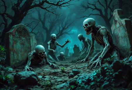 In a forgotten, overgrown graveyard, undead creatures rise from their graves in chilling detail. The scene is captured in photorealistic clarity, showing rotten corpses clawing their way out of the ground, with decomposed hands and visible bones breaking through the cracked, dirt-covered surface. Some of the undead have fully emerged, their torsos exposed with decayed, torn skin and lifeless, hollow eyes. Others stumble awkwardly through the graveyard, their bodies twisted and fractured. The ancient gravestones are weathered and crumbling, with gnarled, dead trees casting long shadows. The lighting is dark yet vibrant, with eerie greenish and purplish glows faintly illuminating parts of the undead, while an ominous void-like darkness looms in the background, creating an overwhelming sense of dread.